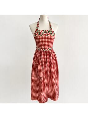 Vintage Cherry Gingham Apron Handmade Cottagecore Farmhouse Baking 1970s